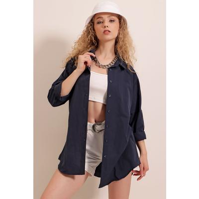 3900 Oversize Uzun Basic Gömlek - Lacivert