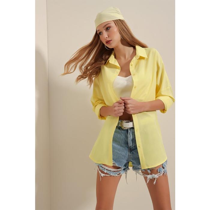 3900 Oversize Uzun Basic Gömlek - Sarı
