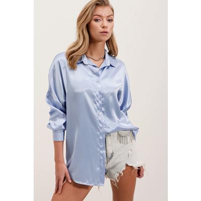 3985 Oversize Saten Gömlek - Mavi