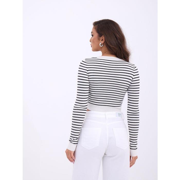 42211 TRİKO ÇİZGİLİ CROP-EKRU-SİYAH