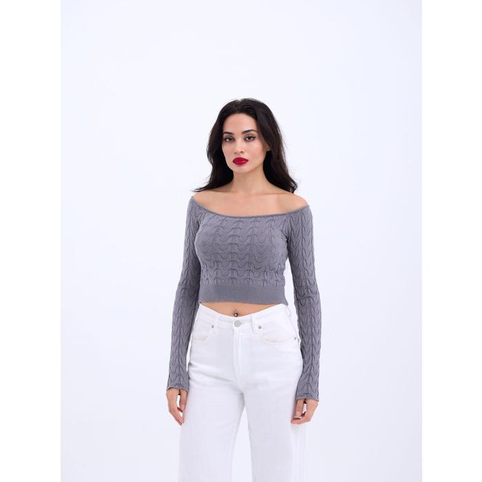 42241 TRİKO KAYIK YAKA CROP-GRİ