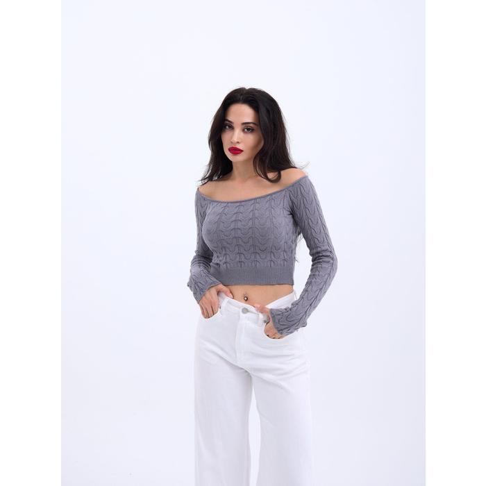 42241 TRİKO KAYIK YAKA CROP-GRİ
