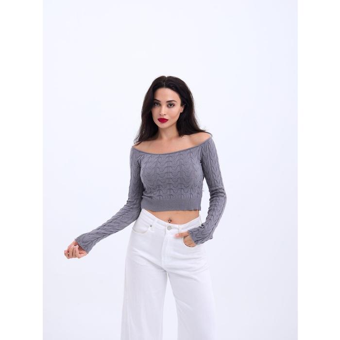 42241 TRİKO KAYIK YAKA CROP-GRİ