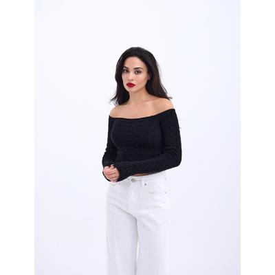 42241 TRİKO KAYIK YAKA CROP-SİYAH