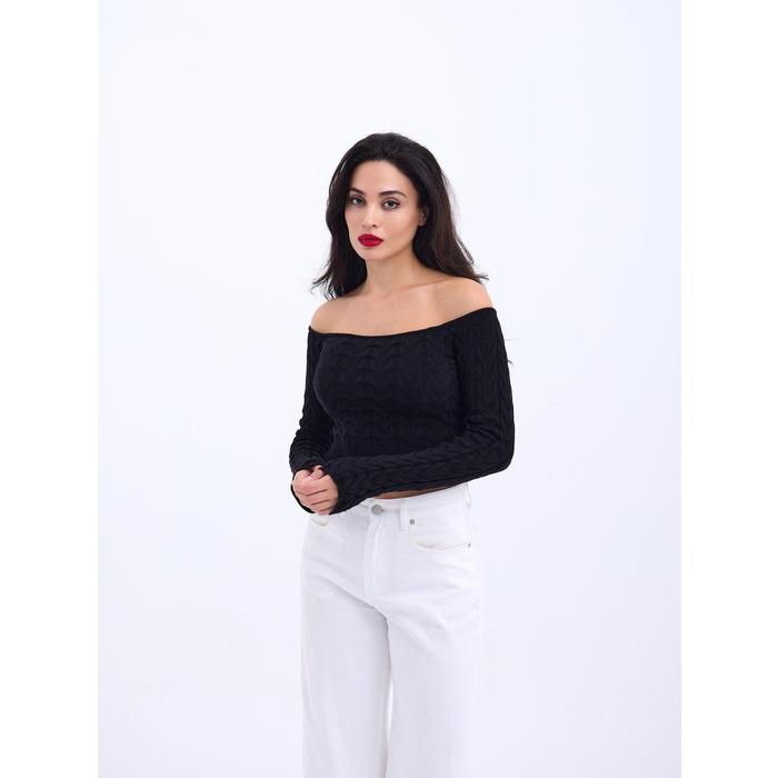 42241 TRİKO KAYIK YAKA CROP-SİYAH