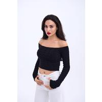 42241 TRİKO KAYIK YAKA CROP-SİYAH