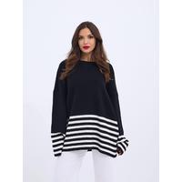 42381 TRİKO ÇİZGİLİ KAZAK-SİYAH-EKRU