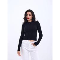 42491 TRİKO SAÇ ÖRGÜ CROP KAZAK-SİYAH