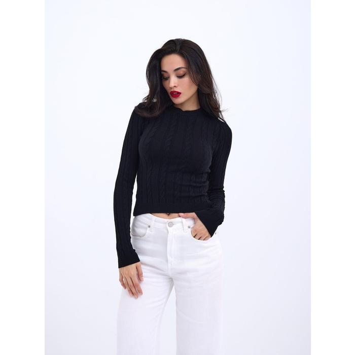 42491 TRİKO SAÇ ÖRGÜ CROP KAZAK-SİYAH