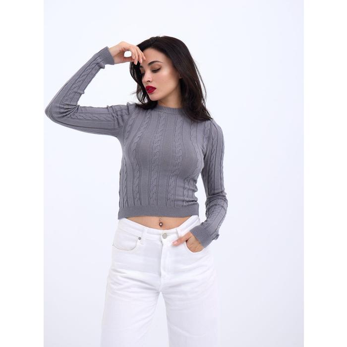 42491 TRİKO SAÇ ÖRGÜ CROP KAZAK-GRİ