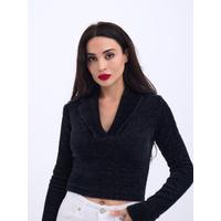 42531 TRİKO SİMLİ YAKALI CROP-SİYAH