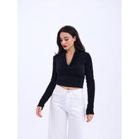 42531 TRİKO SİMLİ YAKALI CROP-SİYAH