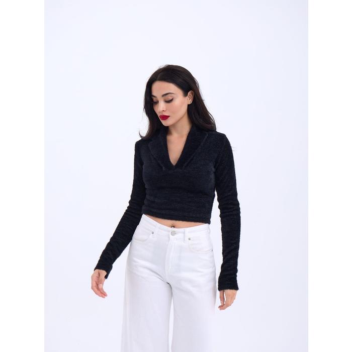 42531 TRİKO SİMLİ YAKALI CROP-SİYAH