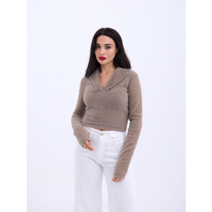 42531 TRİKO SİMLİ YAKALI CROP-KAHVE