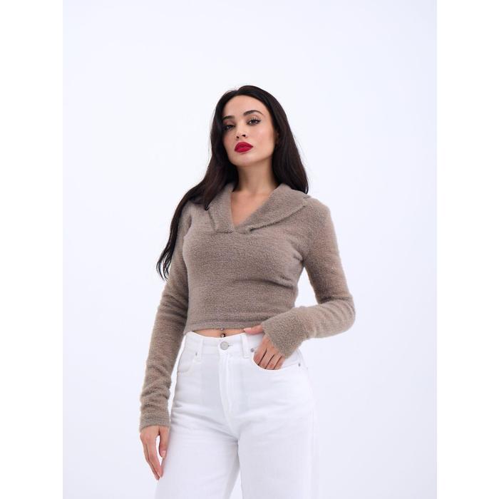 42531 TRİKO SİMLİ YAKALI CROP-KAHVE