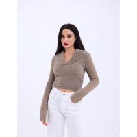 42531 TRİKO SİMLİ YAKALI CROP-KAHVE