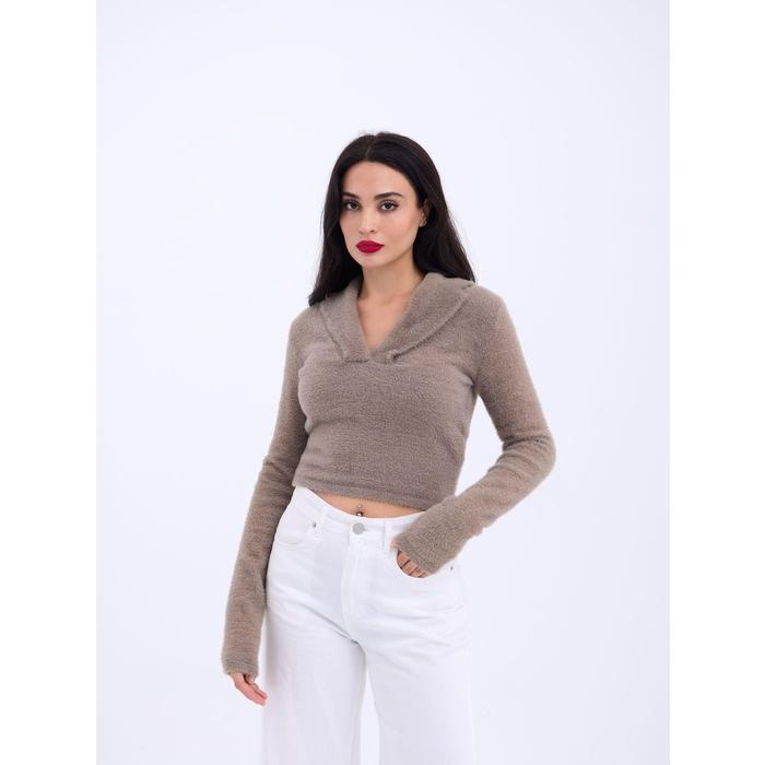 42531 TRİKO SİMLİ YAKALI CROP-KAHVE