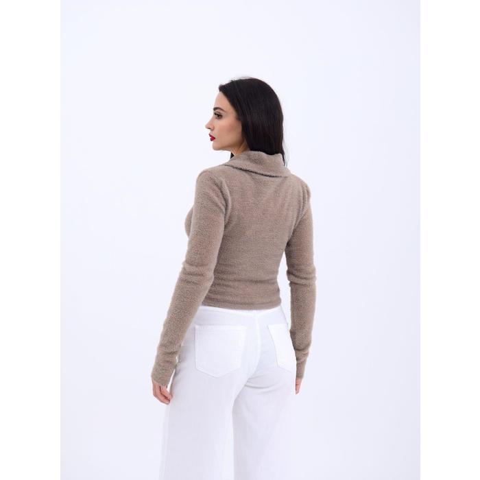 42531 TRİKO SİMLİ YAKALI CROP-KAHVE