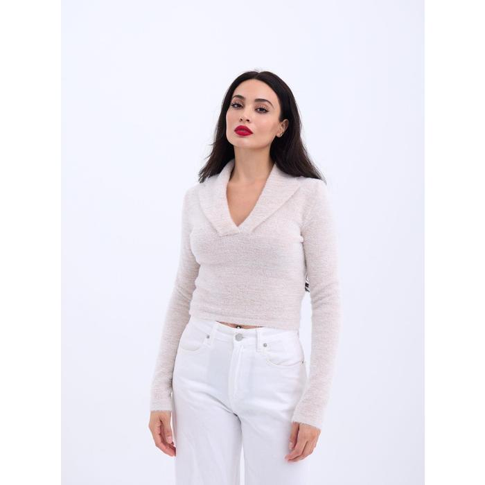 42531 TRİKO SİMLİ YAKALI CROP-EKRU
