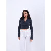 42531 TRİKO SİMLİ YAKALI CROP-ANTRASİT