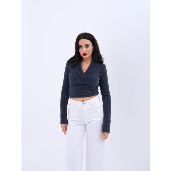 42531 TRİKO SİMLİ YAKALI CROP-ANTRASİT