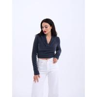 42531 TRİKO SİMLİ YAKALI CROP-ANTRASİT