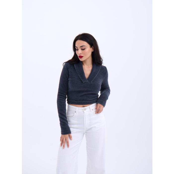 42531 TRİKO SİMLİ YAKALI CROP-ANTRASİT
