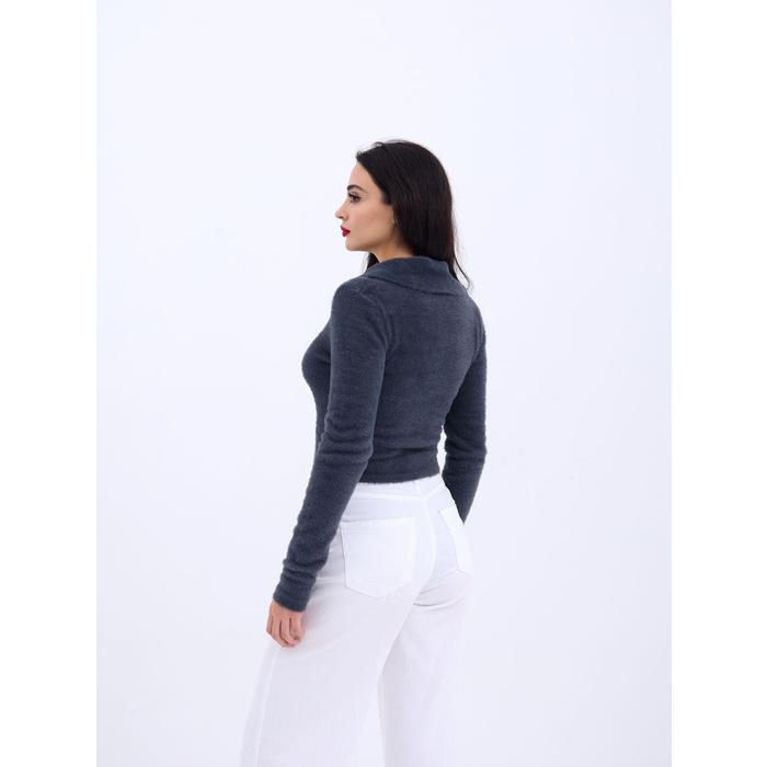 42531 TRİKO SİMLİ YAKALI CROP-ANTRASİT