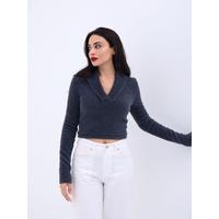 42531 TRİKO SİMLİ YAKALI CROP-ANTRASİT