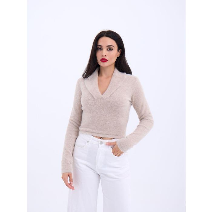 42531 TRİKO SİMLİ YAKALI CROP-TAŞ