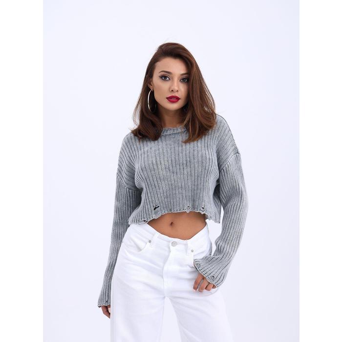 43191 TRİKO CROP KAZAK-GRİ