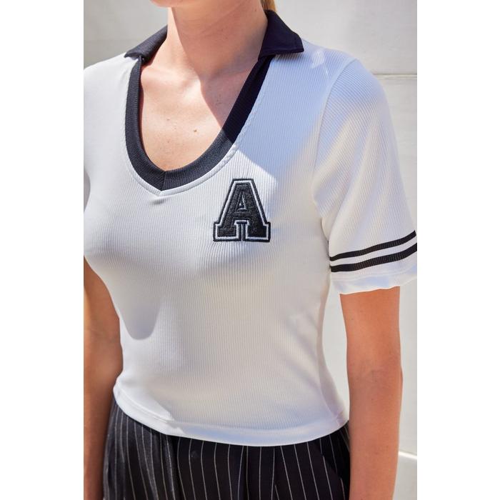 4320 Polo Yaka Basic Triko Bluz - Beyaz