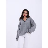 43291 TRİKO V YAKA ÇİZGİLİ KAZAK-GRİ-SİYAH