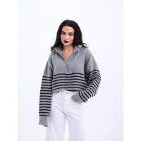 43311 TRİKO ÇİZGİLİ FERMUARLI CROP-GRİ-SİYAH