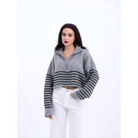 43311 TRİKO ÇİZGİLİ FERMUARLI CROP-GRİ-SİYAH