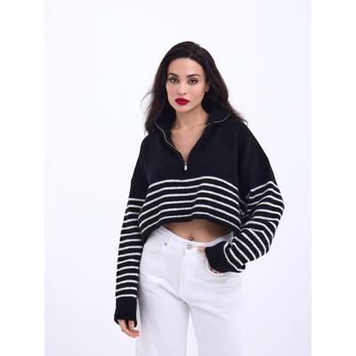 43311 TRİKO ÇİZGİLİ FERMUARLI CROP-SİYAH-EKRU