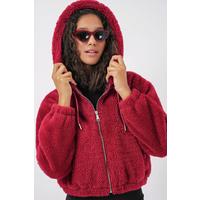 5193 Kapüşonlu Peluş Crop Ceket - Bordo