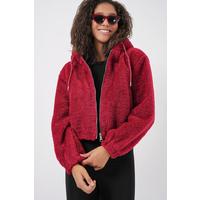 5193 Kapüşonlu Peluş Crop Ceket - Bordo
