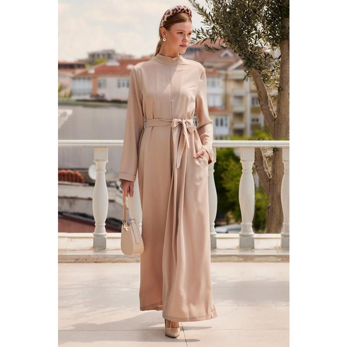 7028 Uzun Tulum Elbise - Bej