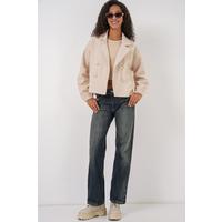 9117 Kruvaze Yaka Crop Ceket - Bej