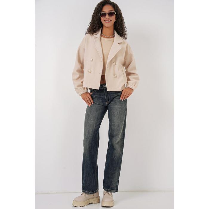 9117 Kruvaze Yaka Crop Ceket - Bej
