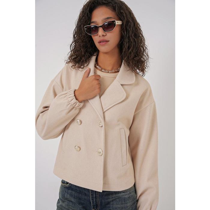 9117 Kruvaze Yaka Crop Ceket - Bej