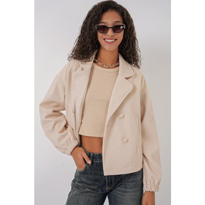 9117 Kruvaze Yaka Crop Ceket - Bej