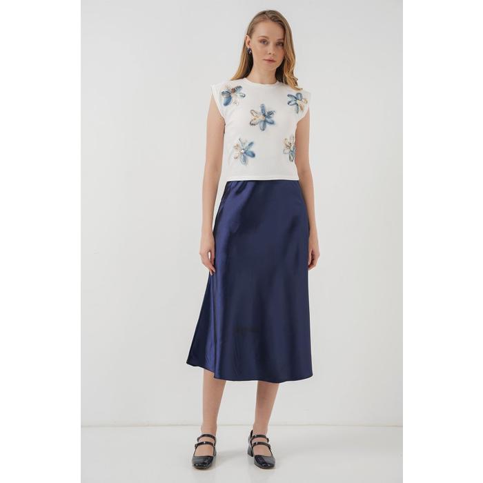 930 Kısa Kol Desenli Crop Bluz - Beyaz