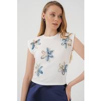 930 Kısa Kol Desenli Crop Bluz - Beyaz