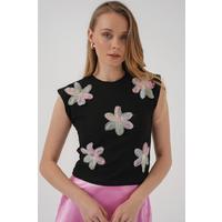 930 Kısa Kol Desenli Crop Bluz - Siyah