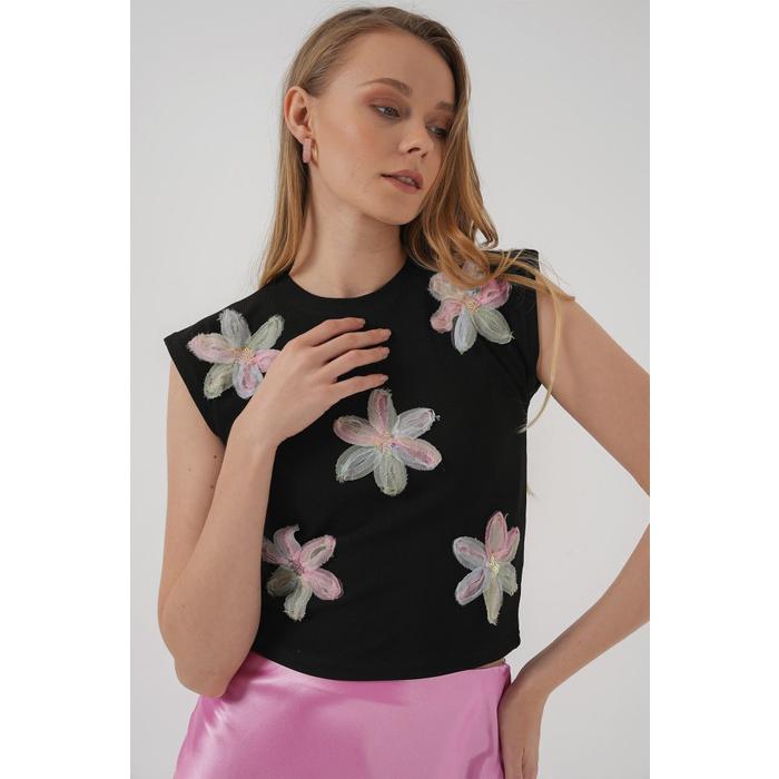 930 Kısa Kol Desenli Crop Bluz - Siyah