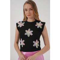 930 Kısa Kol Desenli Crop Bluz - Siyah