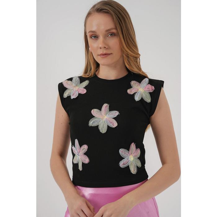 930 Kısa Kol Desenli Crop Bluz - Siyah