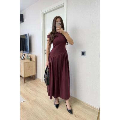 Asimetrik Düşük Yaka Kolsuz Uzun Elbise - Bordo